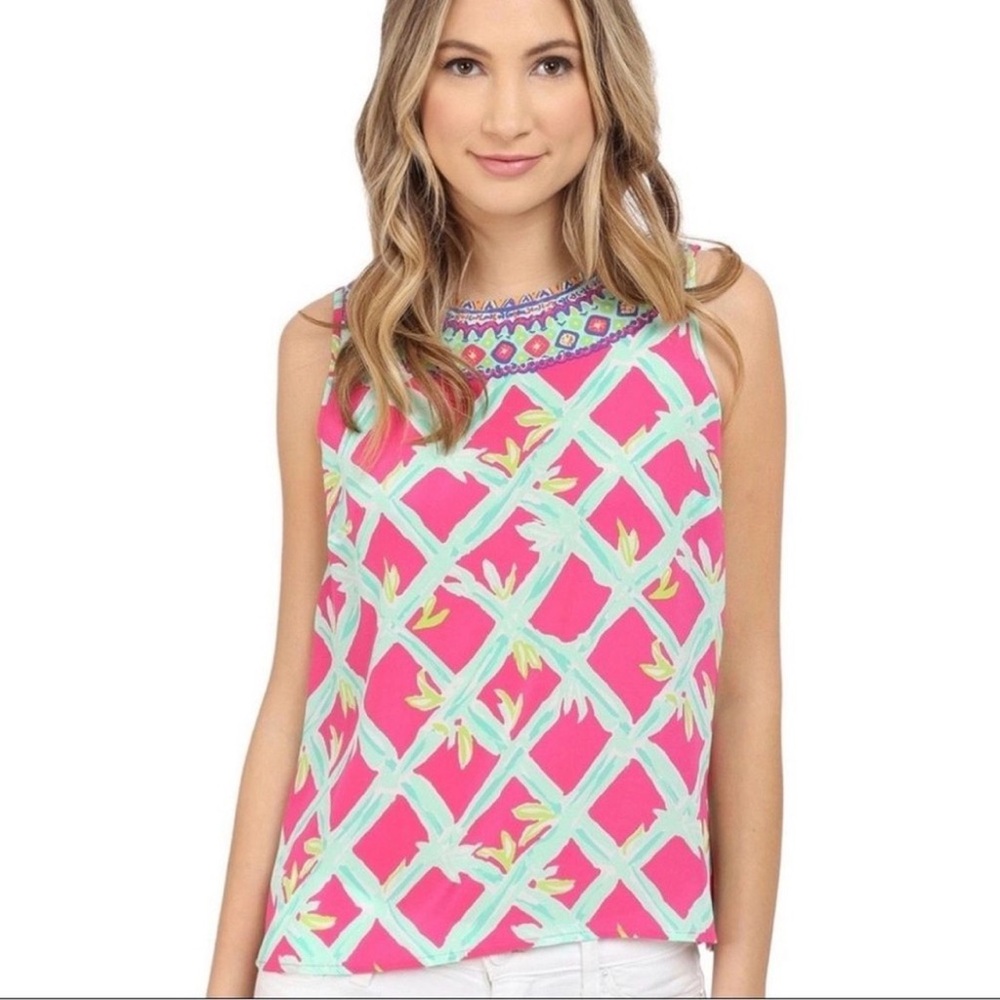 Lilly Pulitzer Iona Shell 100% Silk Back-Button Tank Top‎ Capri Pink Size Large